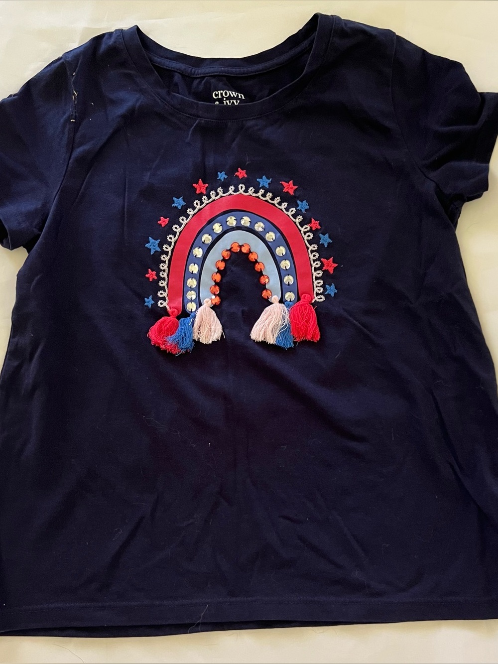 Girl’s crown & ivy Navy Tee with Embroidered Rainbow and Tassels